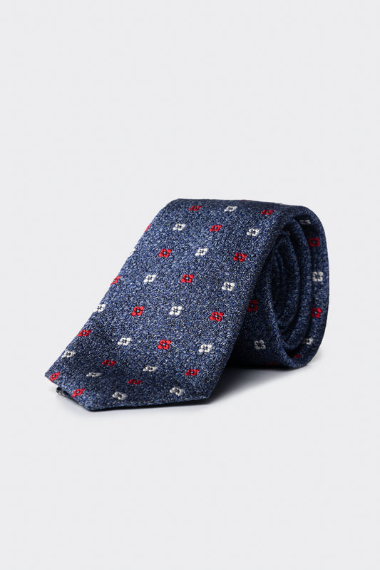 Cravatta in seta e cotone con microfantasia floreale blu