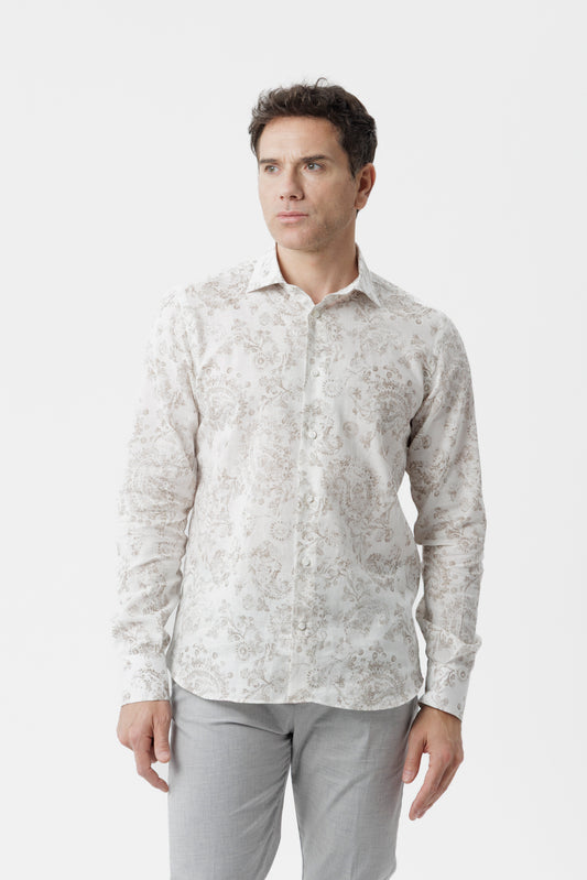 Camicia lino cotone fantasia paisley ecrù