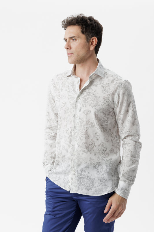 Camicia lino cotone fantasia paisley grigio