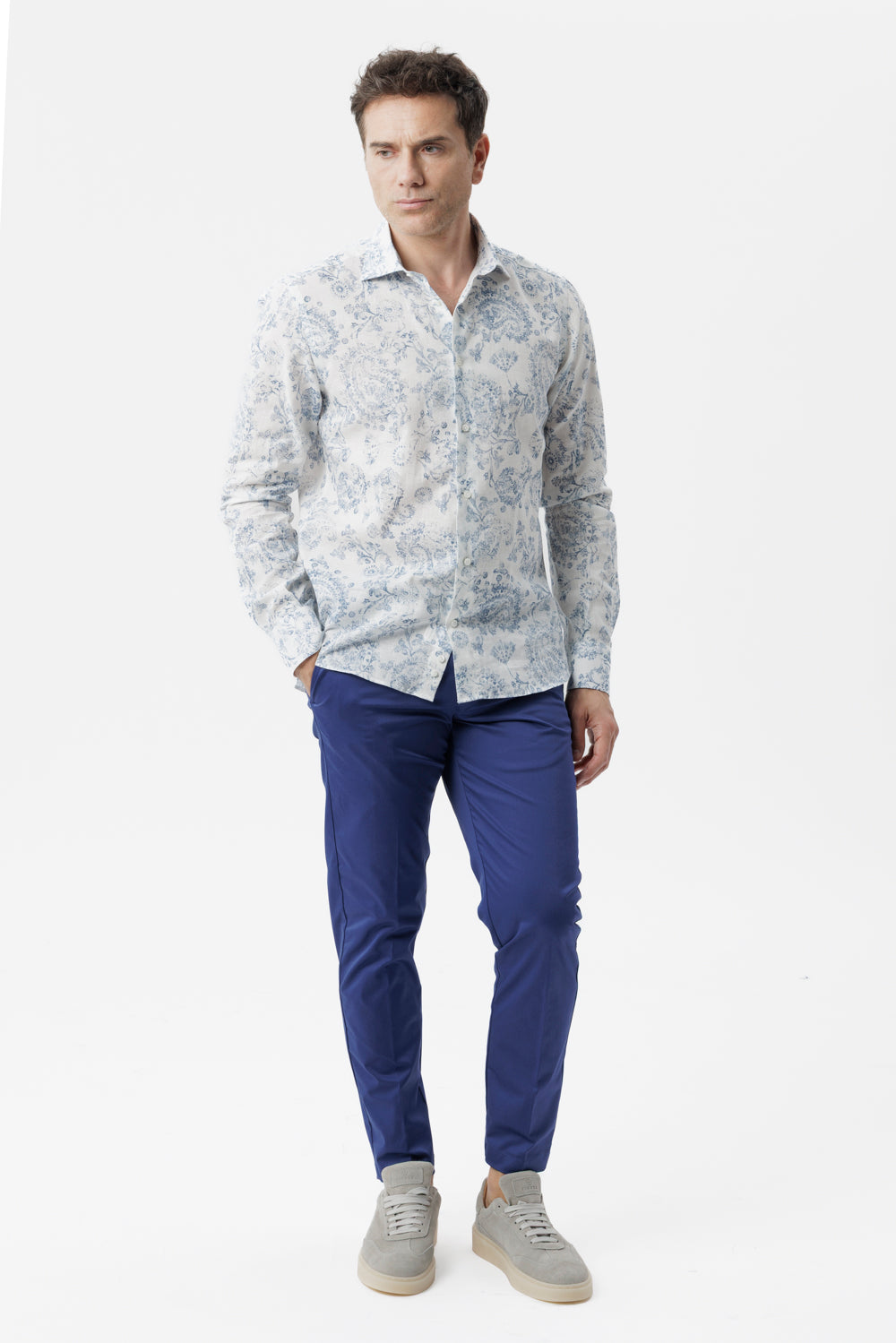 Camicia lino cotone fantasia paisley blu