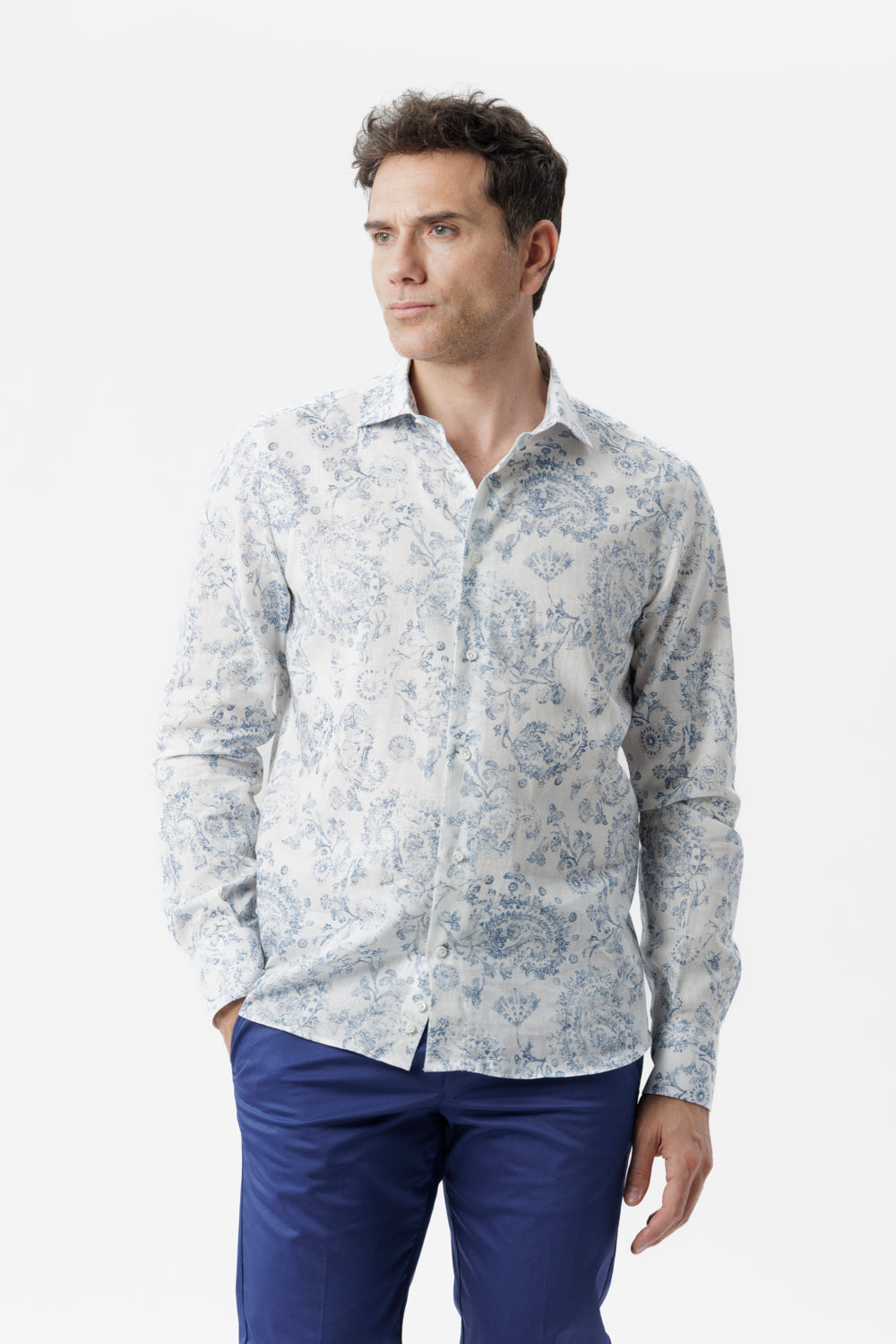 Camicia lino cotone fantasia paisley blu