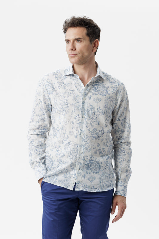 Camicia lino cotone fantasia paisley blu