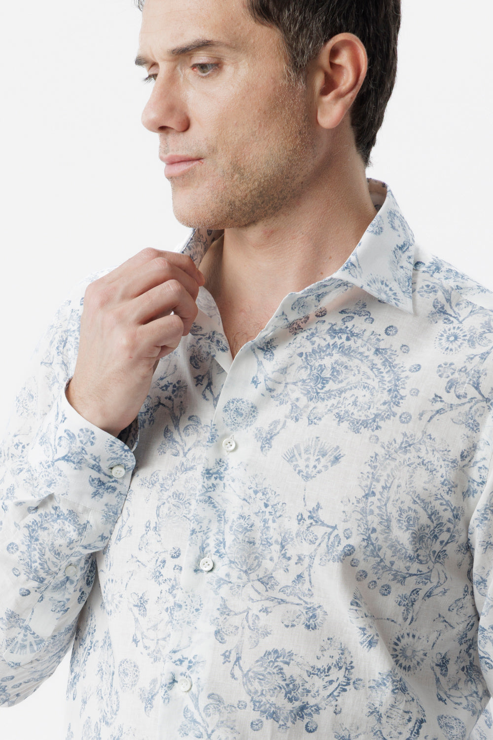Camicia lino cotone fantasia paisley blu