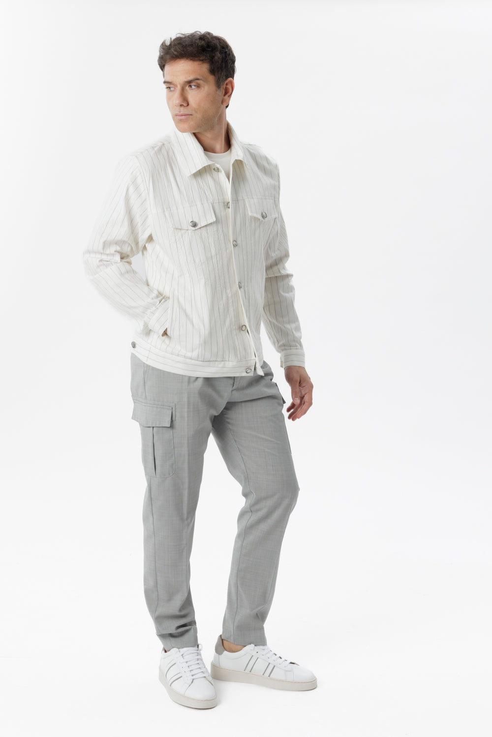 Giacca worker a righe verticali bianco