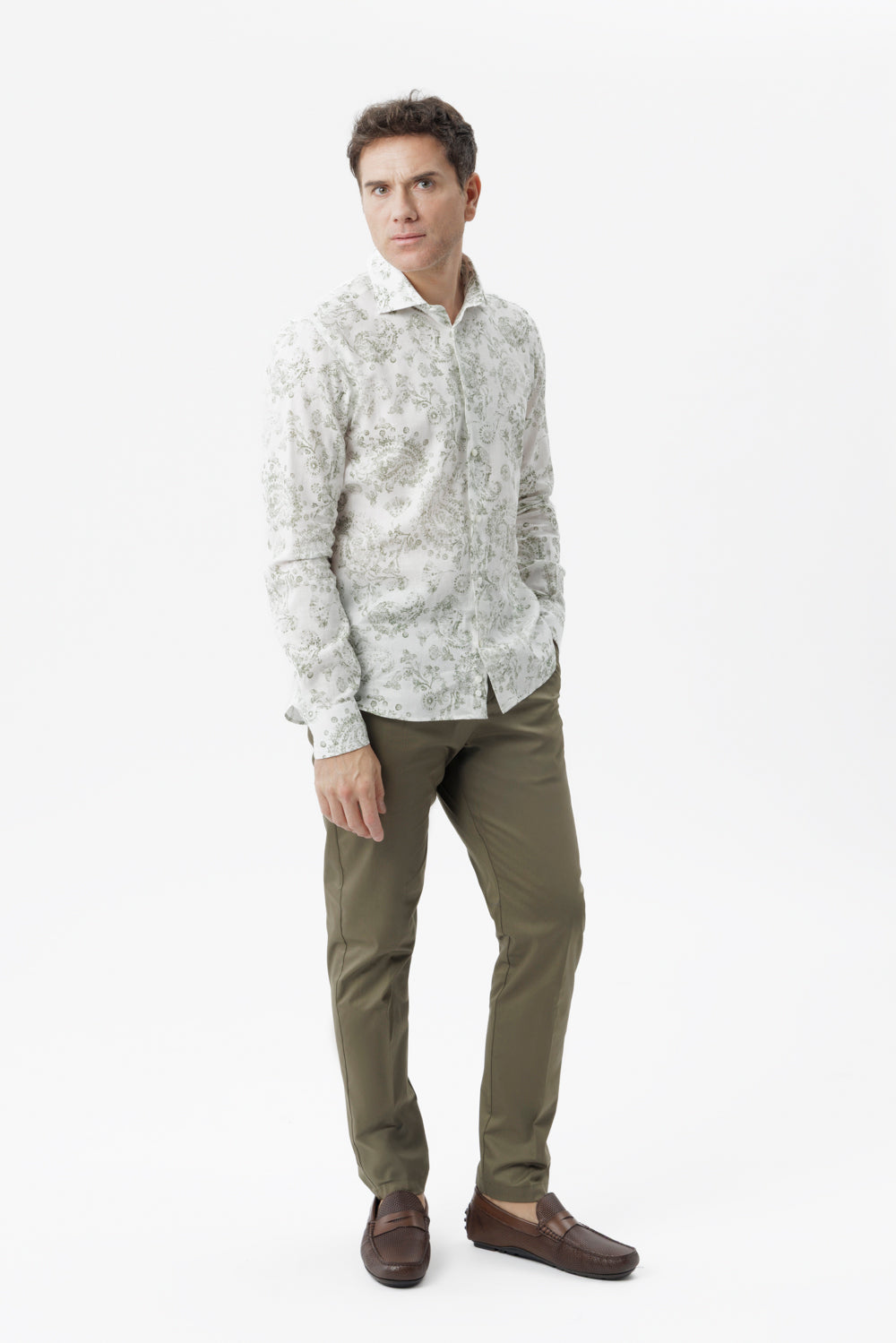 Camicia lino cotone fantasia paisley verde