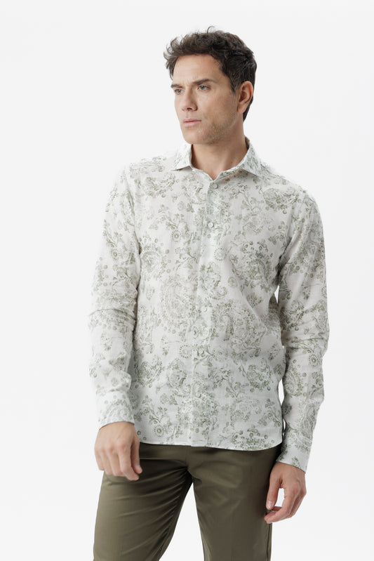 Camicia lino cotone fantasia paisley verde