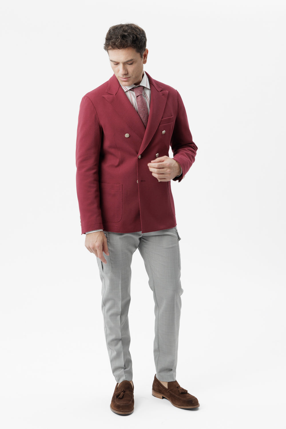 Giacca mezzo petto in cotone stretch con taglio vivo e tasche applicate melanzana