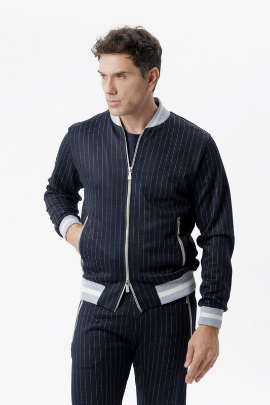 Felpa full zip in tessuto micro-check blu