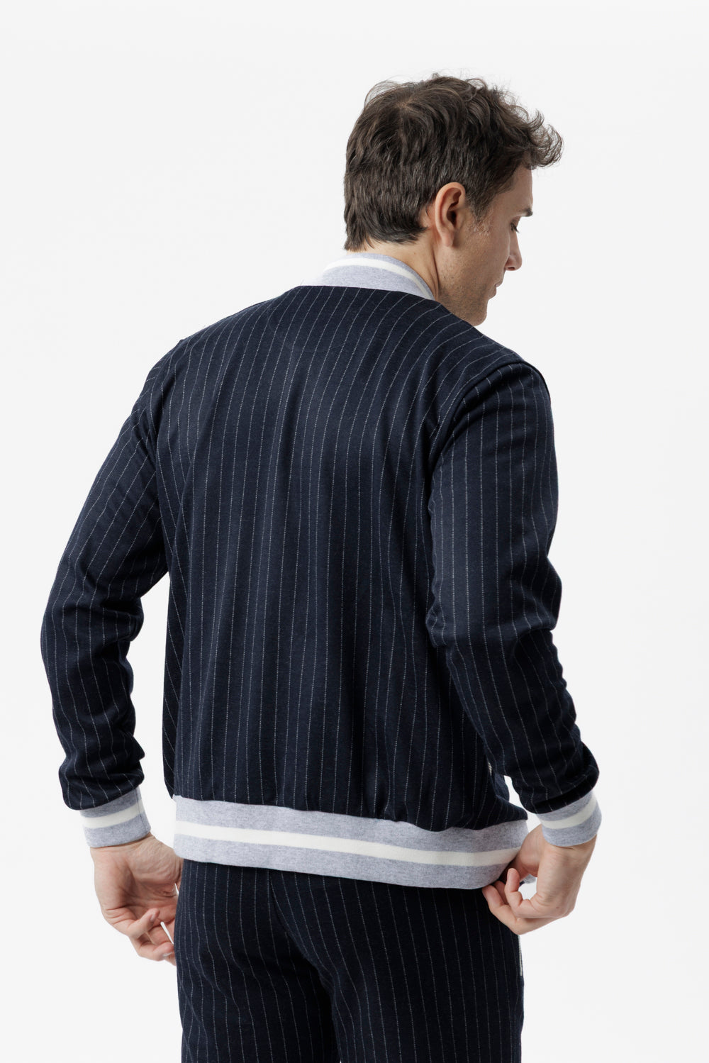 Felpa con zip in tessuto gessato blu