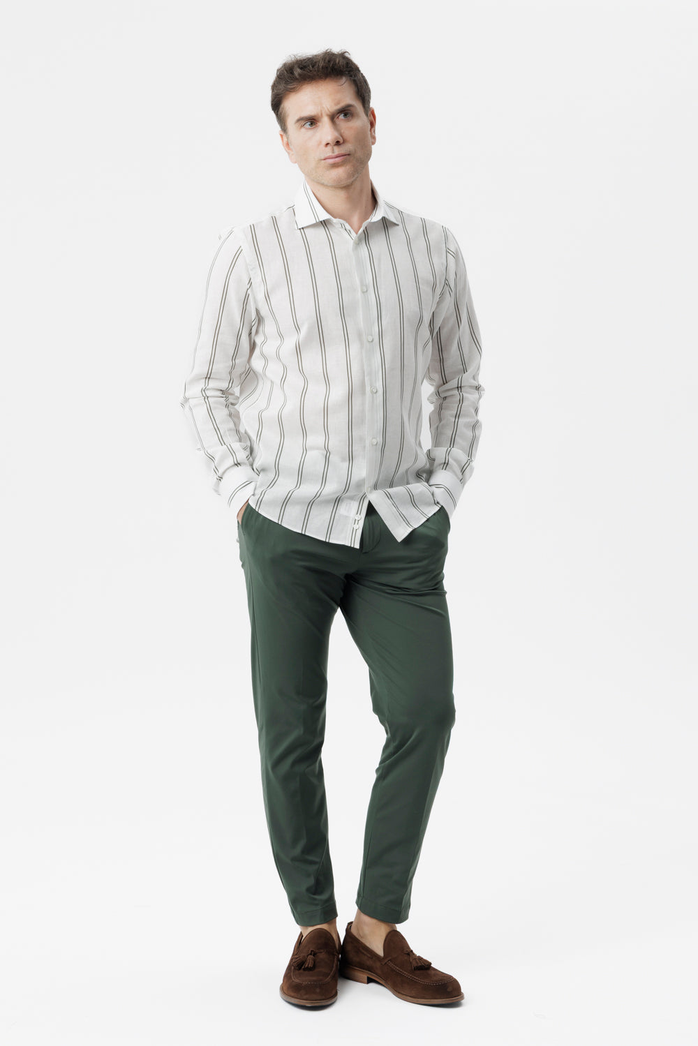 Camicia lino cotone doppia riga verde