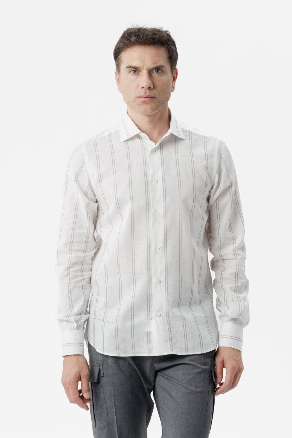 Camicia lino cotone doppia riga grigio