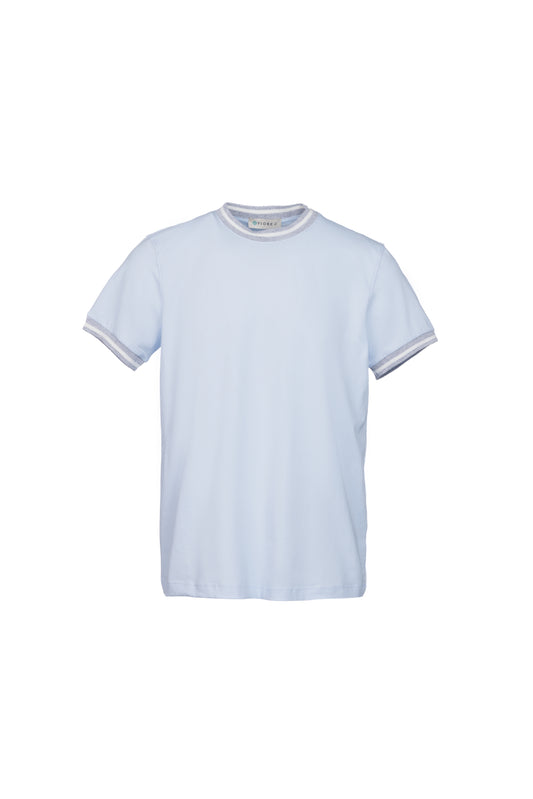 T-shirt in cotone elasticizzato con collo a costina celeste