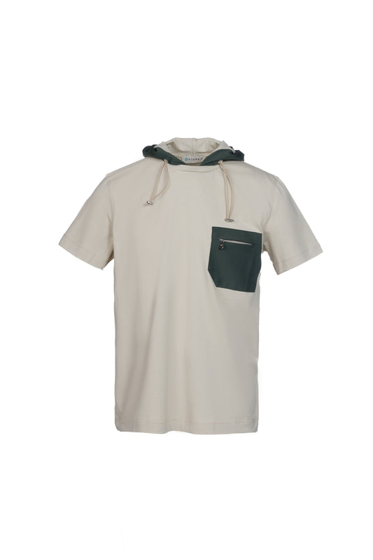 T-shirt in cotone con cappuccio in nylon beige