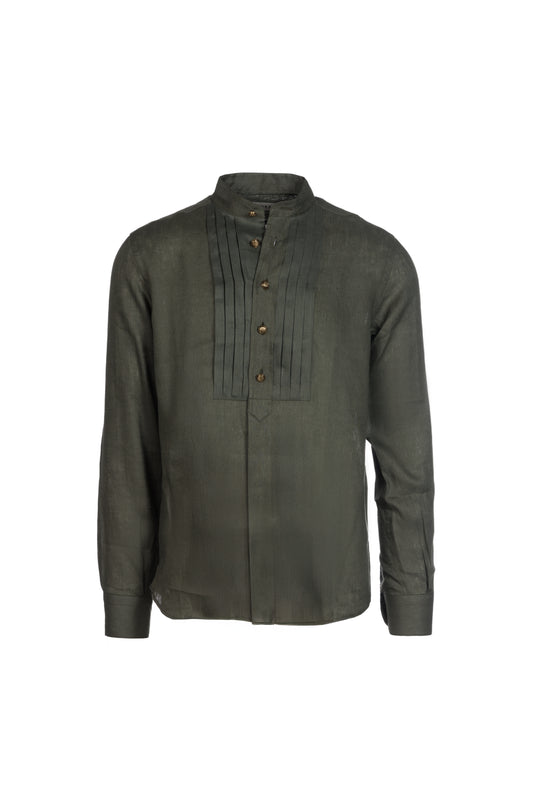 Camicia lino collo coreana verde militare