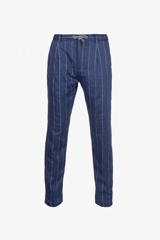 Pantalone Amalfi in lino e cotone con coulisse gessato bluette