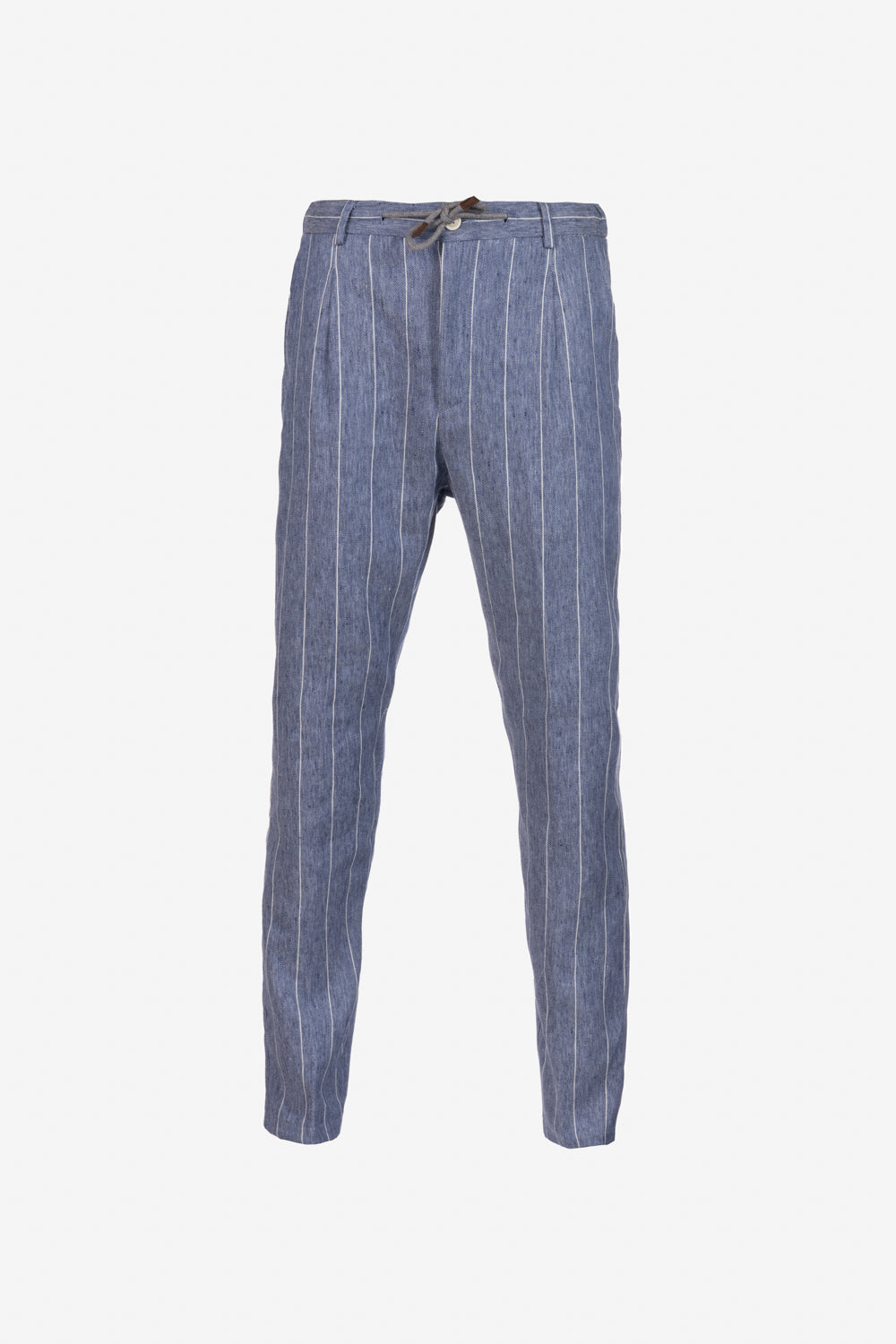 Pantalone Amalfi in lino e cotone con coulisse gessato azzurro