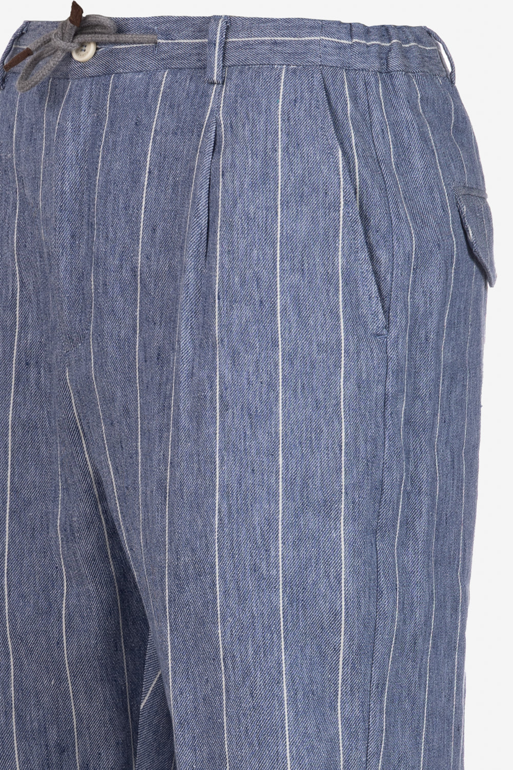 Pantalone Amalfi in lino e cotone con coulisse gessato azzurro