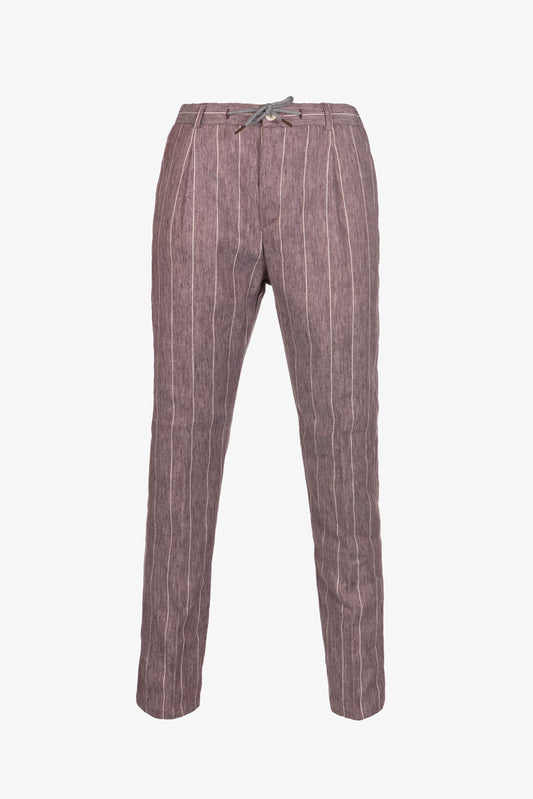 Pantalone Amalfi in lino e cotone con coulisse gessato bordeaux