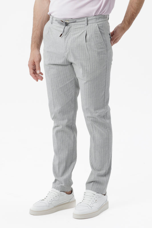 Pantaloni gessato tasche america con pences e coulisse grigio chiaro