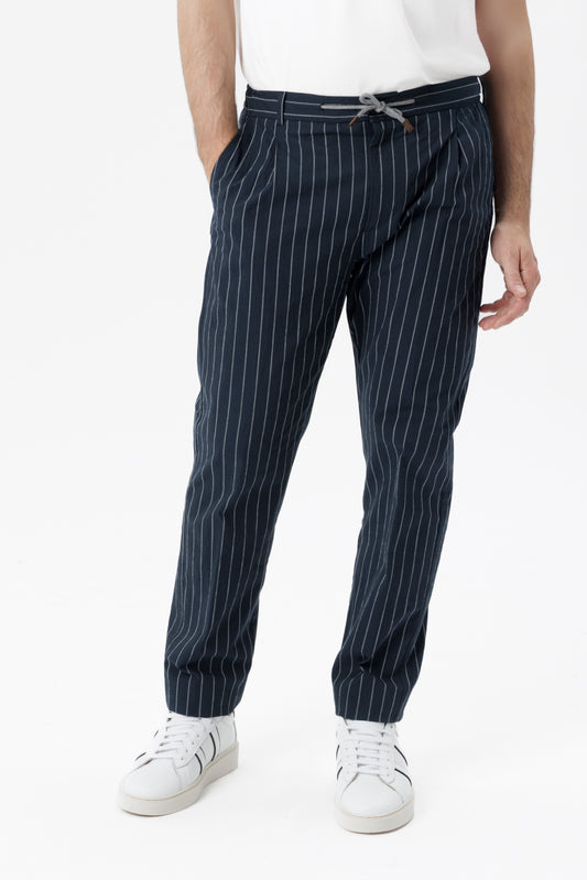 Pantaloni gessato tasche america con pences e coulisse blu