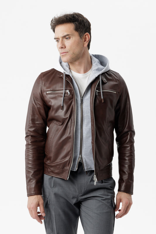 Giacca Biker in vera pelle con cappuccio Integrato moro