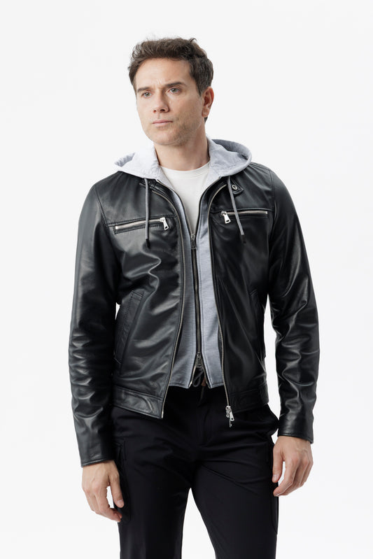 Giacca Biker in vera pelle con cappuccio Integrato nero
