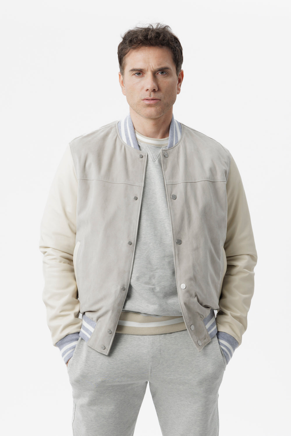 Bomber in camoscio e nappa grigio