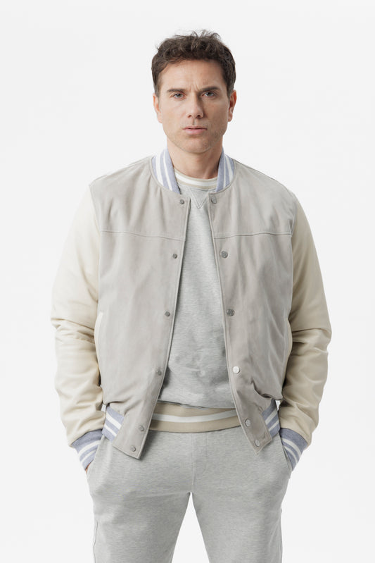 Giubbino in pelle camoscio e nappa grigio