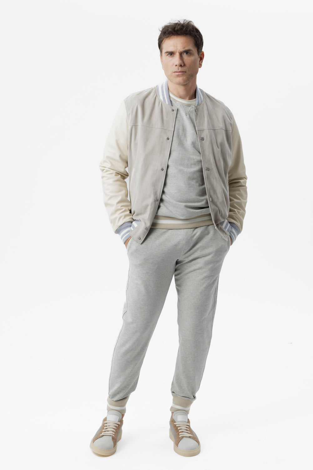 Bomber in camoscio e nappa grigio