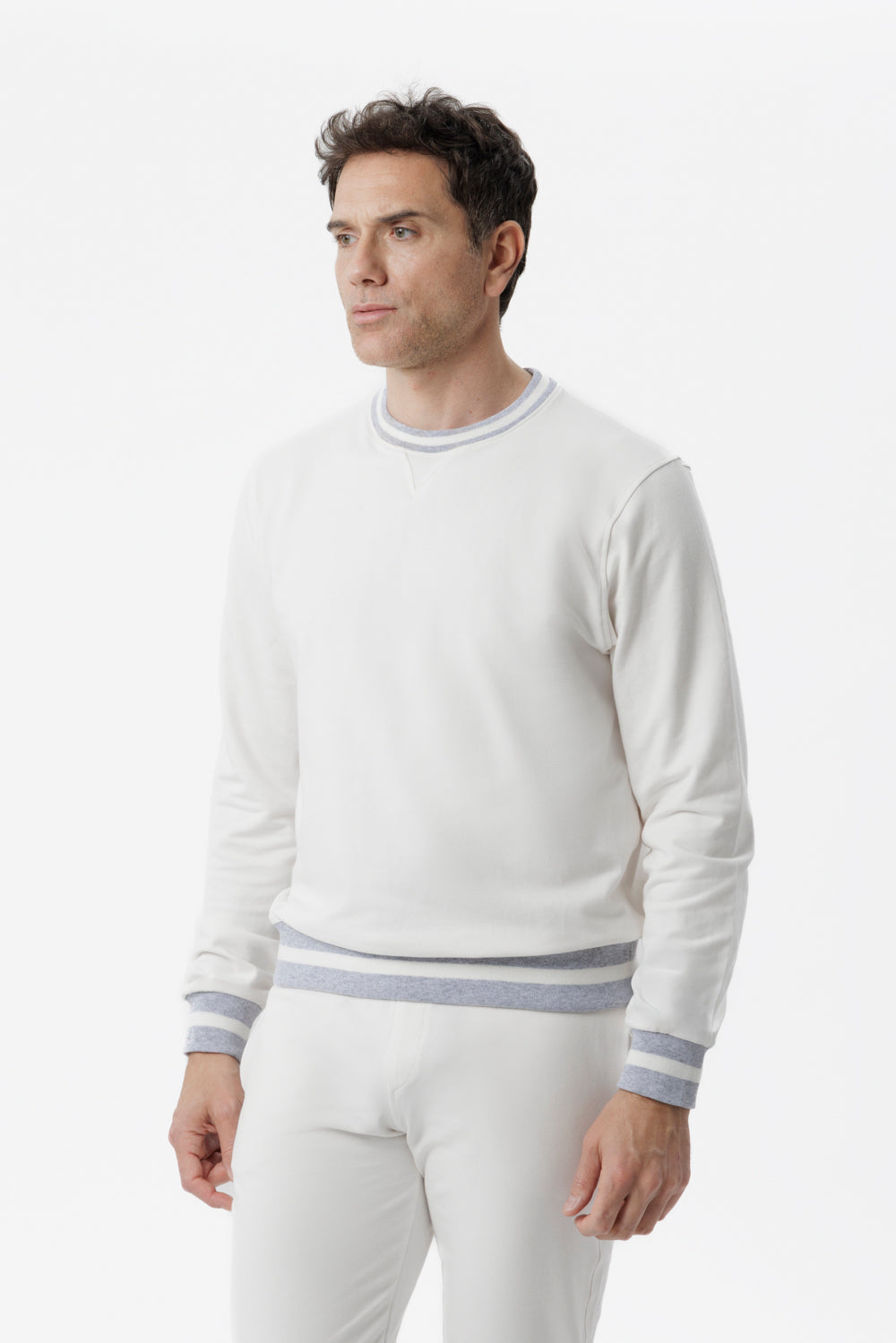Felpa girocollo in cotone bianco con dettagli bicolore