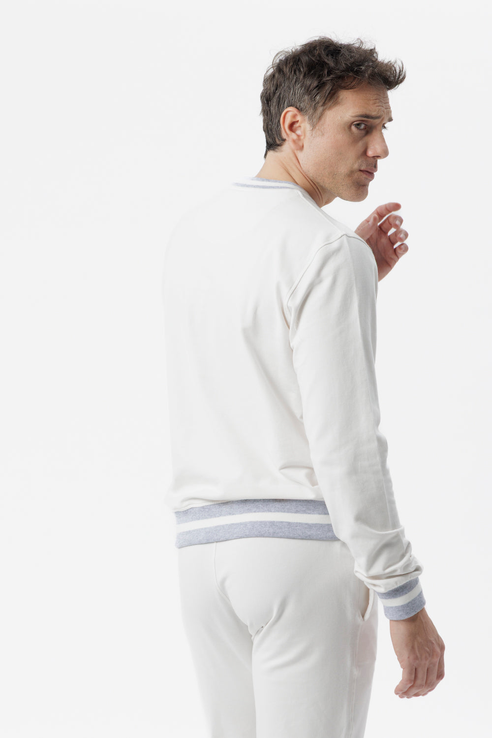 Felpa girocollo in cotone bianco con dettagli bicolore