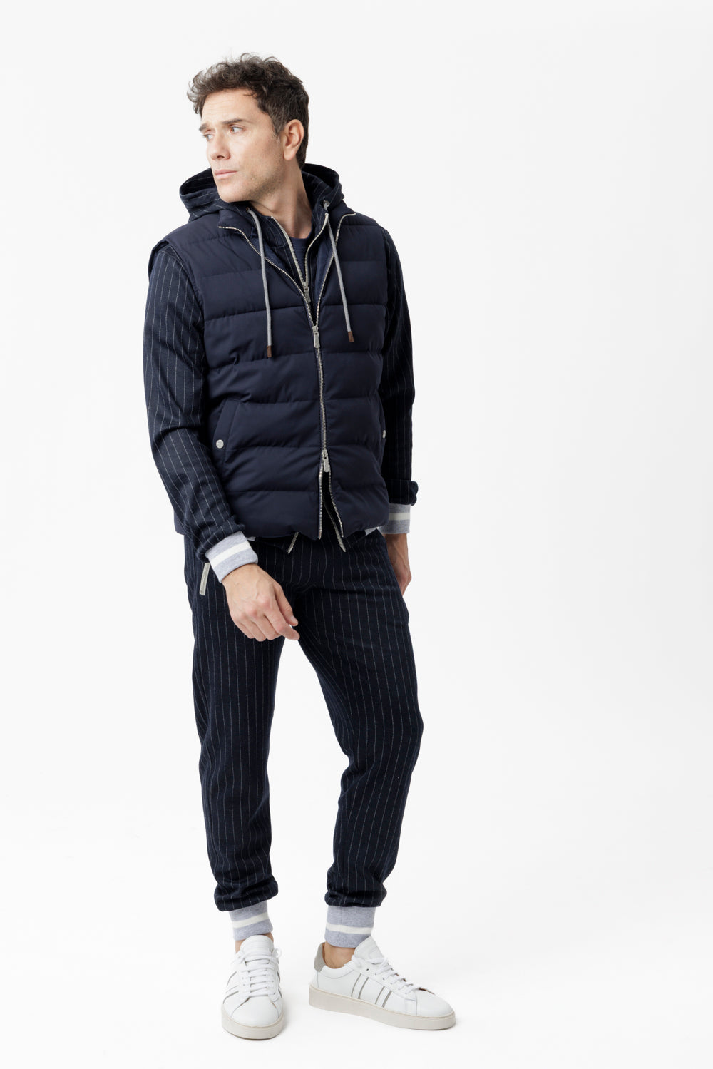 Pantalone jogger in tessuto gessato blu