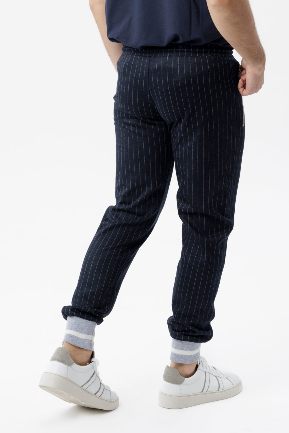 Pantalone jogger in tessuto gessato blu