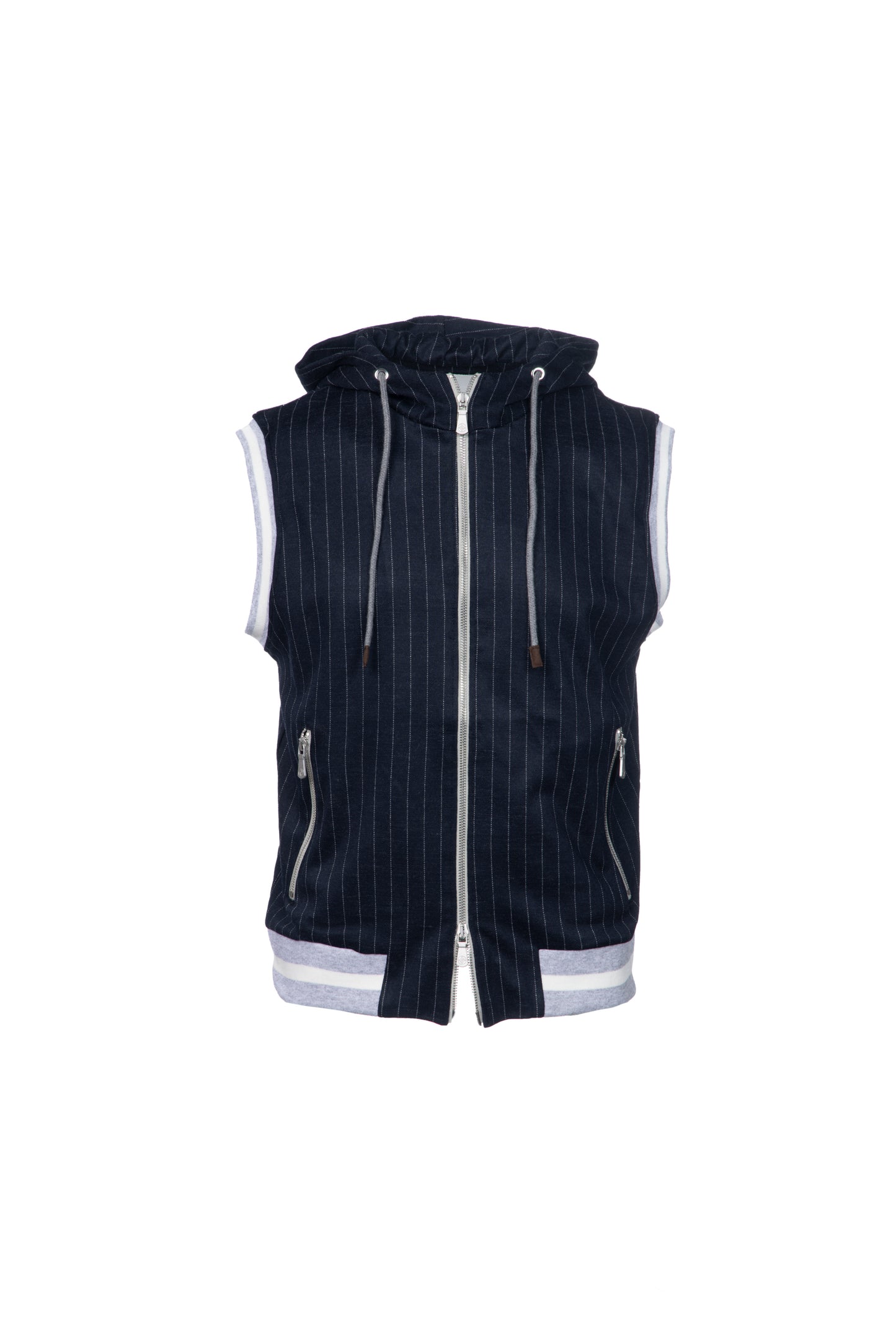 Gilet con cappuccio in lana vergine gessato blu