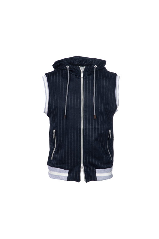 Gilet con cappuccio in lana vergine gessato blu