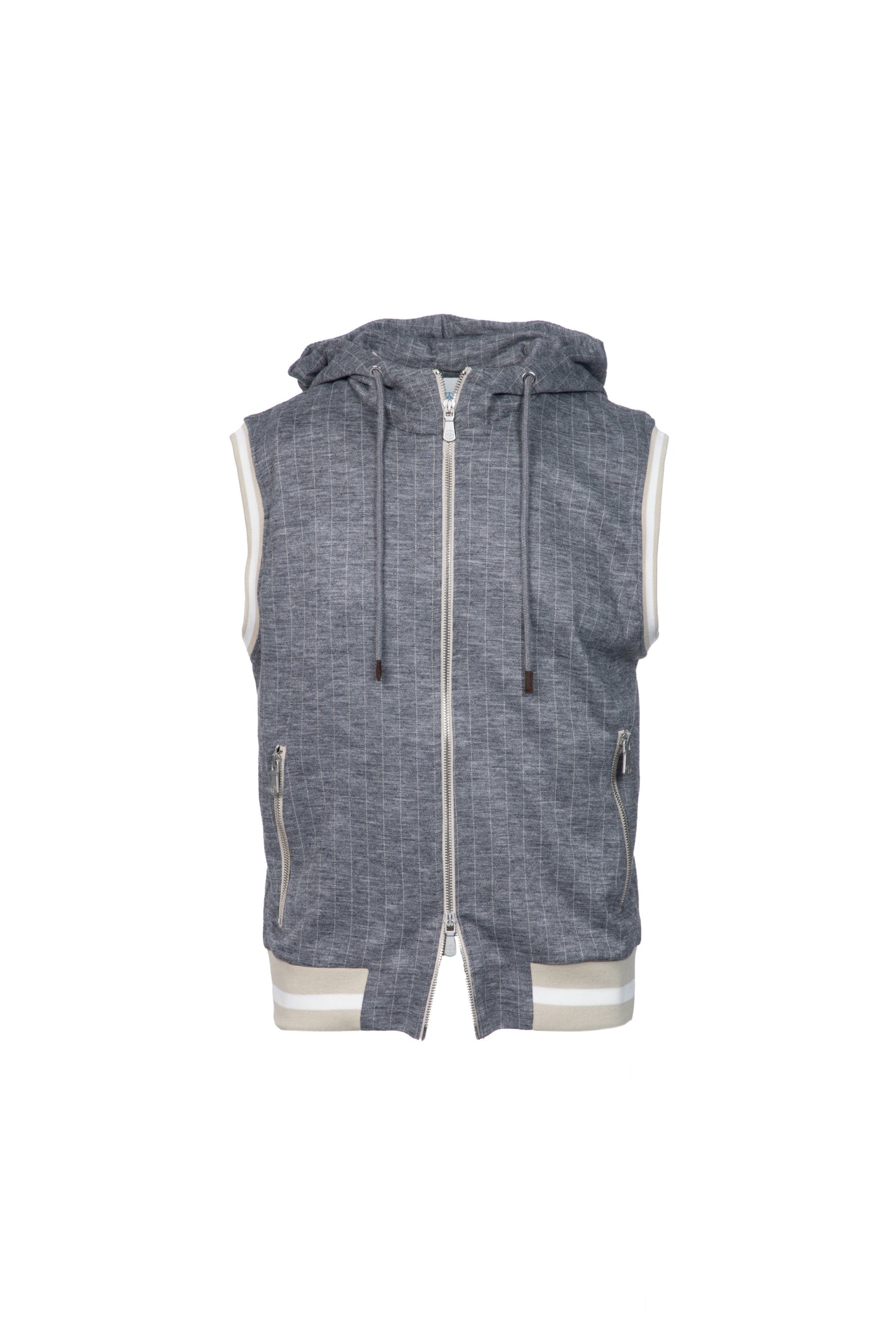 Gilet con cappuccio in lana vergine gessato grigio