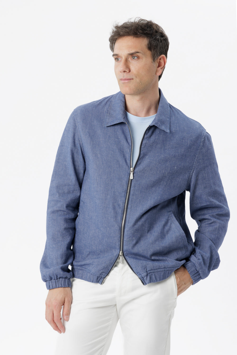 Giubbino con zip in lino misto cotone denim medio
