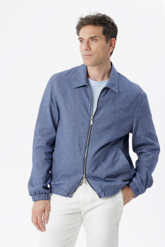 Giubbino con zip in lino misto cotone denim medio