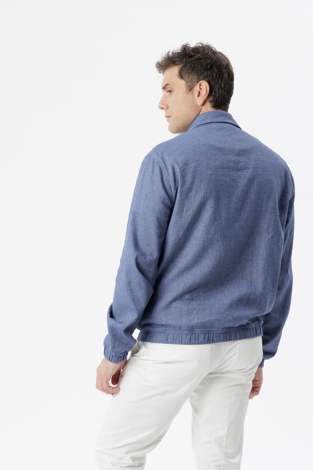 Giubbino con zip in lino misto cotone denim medio