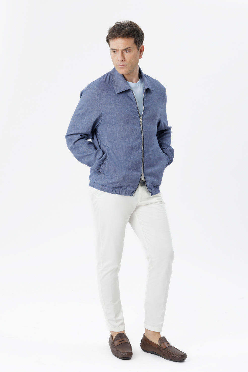 Giubbino con zip in lino misto cotone denim medio