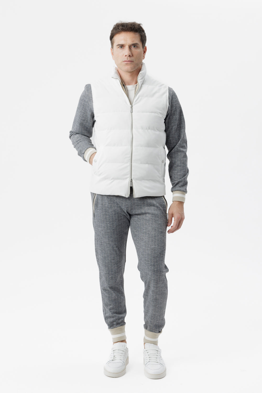 Felpa full zip in tessuto micro-check grigio