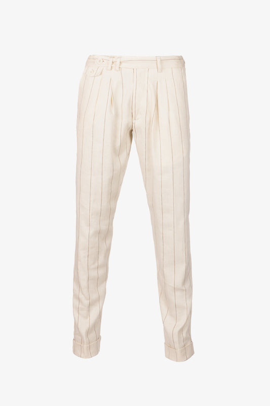 Pantalone Milano in lino e cotone gessato beige