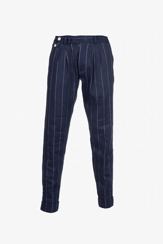 Pantalone  Milano in lino e cotone gessato blu