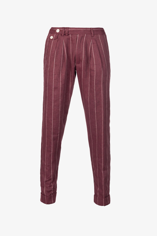 Pantalone Milano in lino e cotone gessato bordeaux