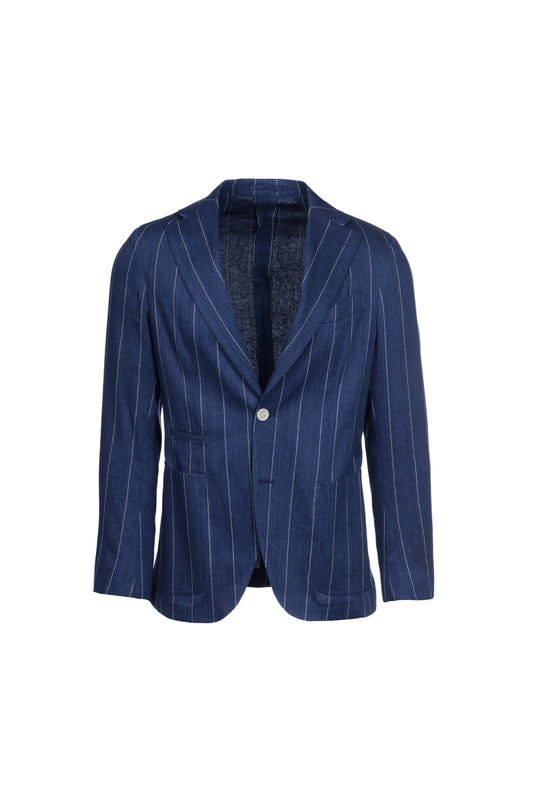 Giacca Napoli monopetto in lino e cotone gessato bluette