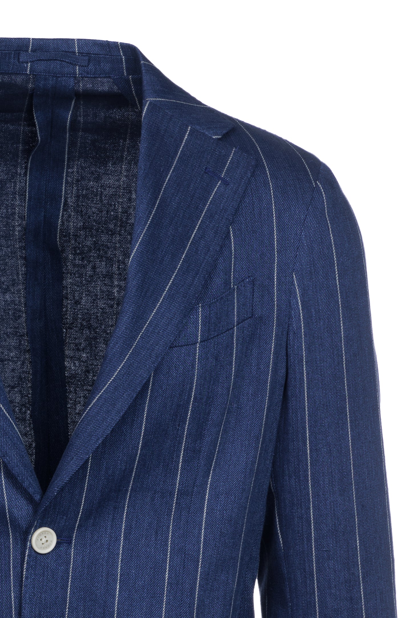 Giacca Napoli monopetto in lino e cotone gessato bluette