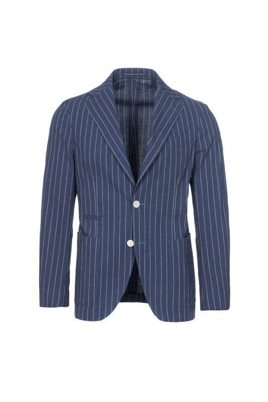Giacca Napoli monopetto in cotone goffrato gessato bluette