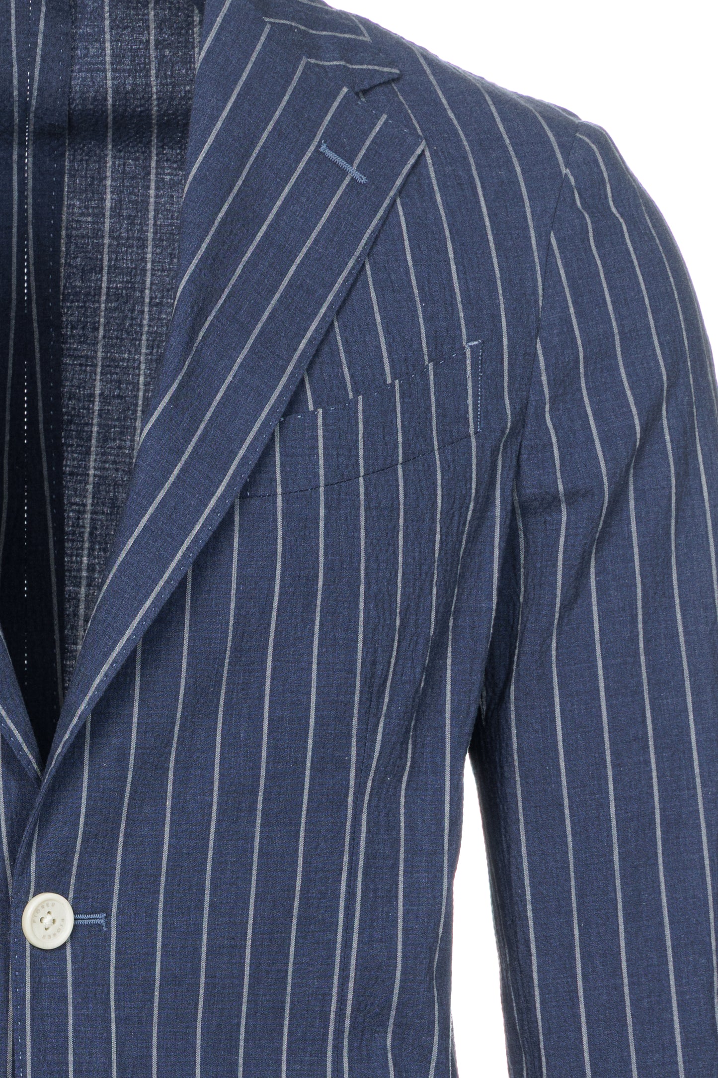 Giacca Napoli monopetto in cotone goffrato gessato bluette