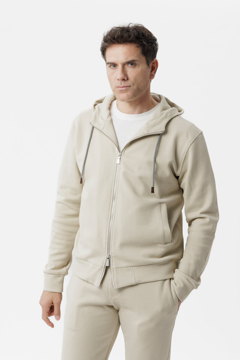 Felpa con cappuccio e zip sabbia
