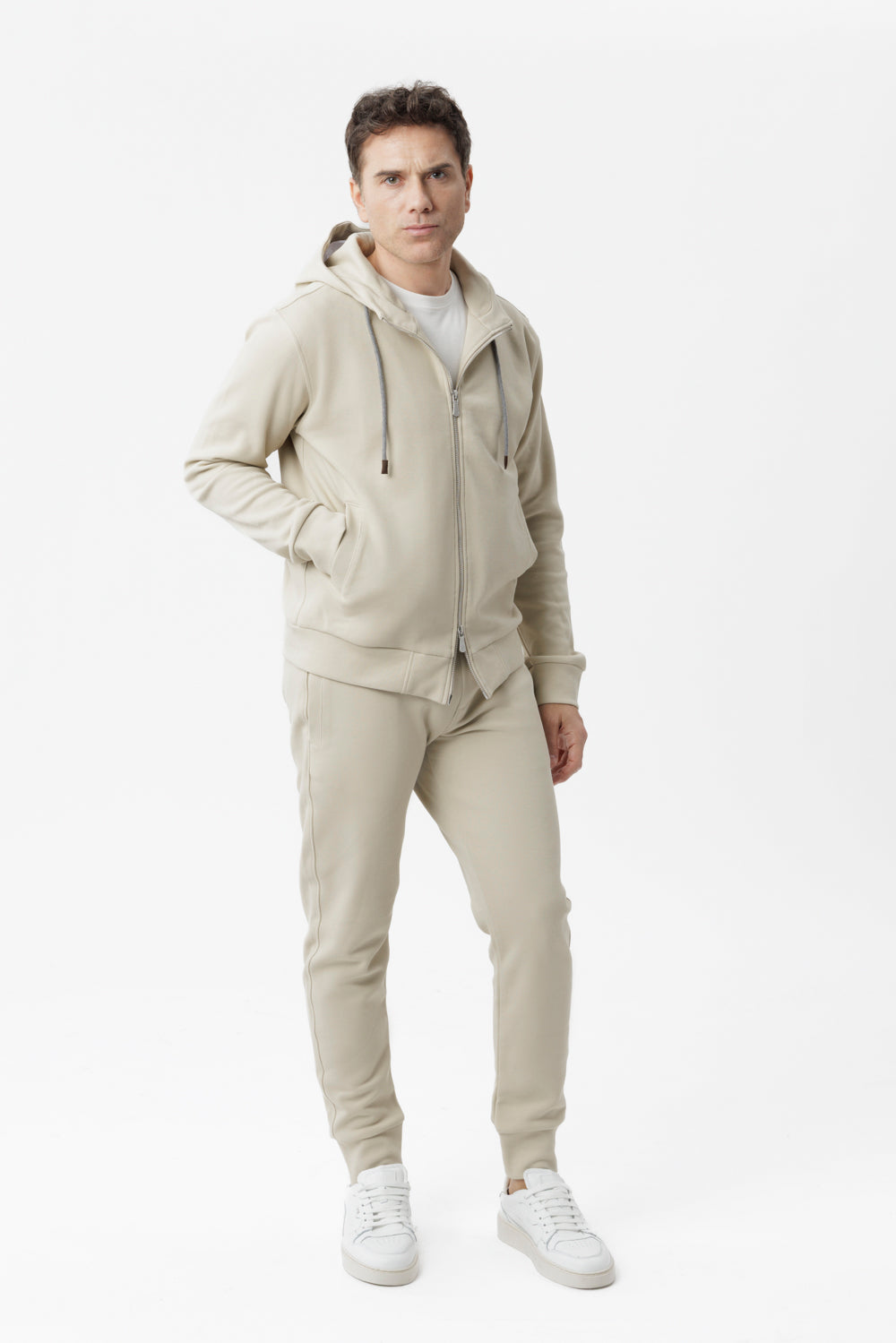 Felpa con cappuccio e zip sabbia